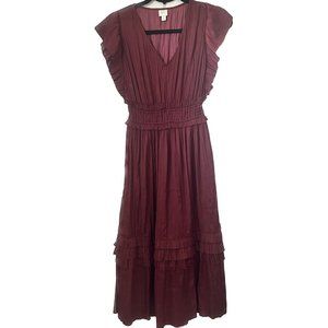 Roan Ryan Dress Womens XS Burgundy Pleated Tiered Smocked Maxi Sleeveles…